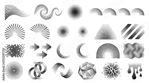 Premium collections of original abstract halftone dot elements arranged in a neat horizontal grid include flowing curved dot patterns