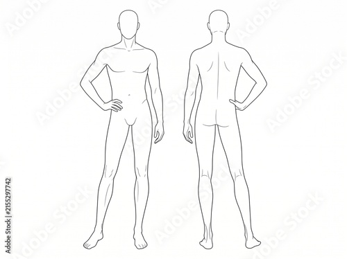 Front and Back View Male Model Bare Body Standing Pose Croquis Vector Line Art Technical Drawing Template