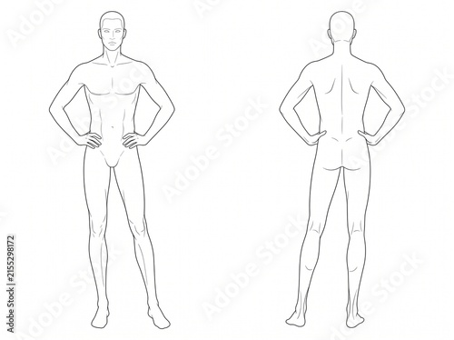 Front and Back View Men Fashion Croquis Standing Figure Vector Line Art Technical Sketch Template