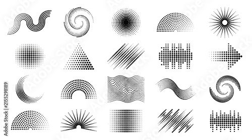 Premium collections of original abstract halftone dot elements arranged in a neat horizontal grid include flowing curved dot patterns spiral dot waves circular halftone fades dotted semicircles 