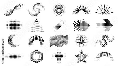 Premium collections of original abstract halftone dot elements arranged in a neat horizontal grid include flowing curved dot patterns spiral dot waves circular halftone fades