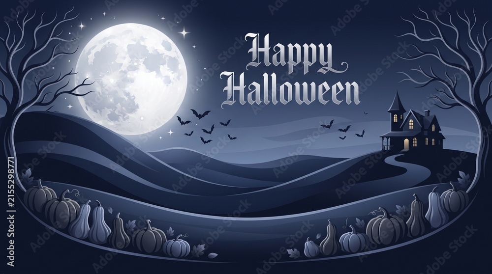 Naklejka premium Happy halloween illustration with full moon and bats