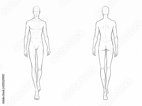 Front and Back View Walking Male Body Croquis Vector Technical Line Art Drawing Template for Menswear