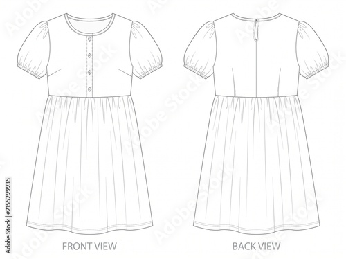 Short Sleeve Button Down Gathered Skirt Dress Technical Flat Drawing Front and Back View Vector Template