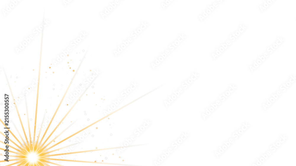 Fototapeta premium Golden sunburst light flare on white background, glowing starburst effect with sparkles, elegant sun beam rays for overlay