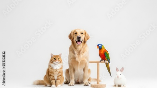 Group of Diverse Pets on White Background