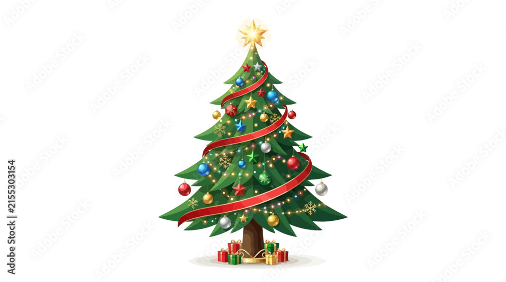 Fototapeta premium A festive evergreen conifer decorated with colorful hanging baubles and a winding ribbon creates a traditional holiday atmosphere for seasonal celebrations that bring joy to many families every