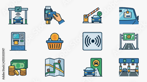 Industrial Set of Modern Payment and Toll Systems with Vehicles Digital Devices and Symbols with high quality professional line art symbols for modern creative design and digital branding projects