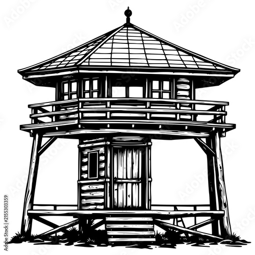 Bild auf Leinwand Rustic wooden watchtower silhouette vector illustration featuring a traditional lookout structure for forest ranger and security concepts