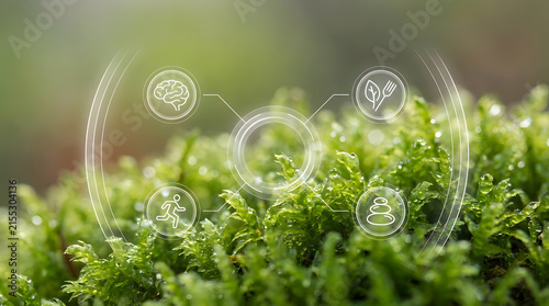 Futuristic Digital Health HUD Interface with Wellness Icons over Green Forest Moss Macro