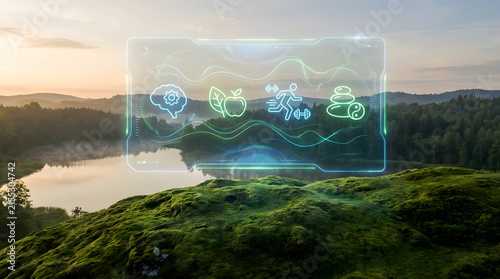 Digital Health and Holistic Wellness Interface Over Rural Mountain Lake Landscape