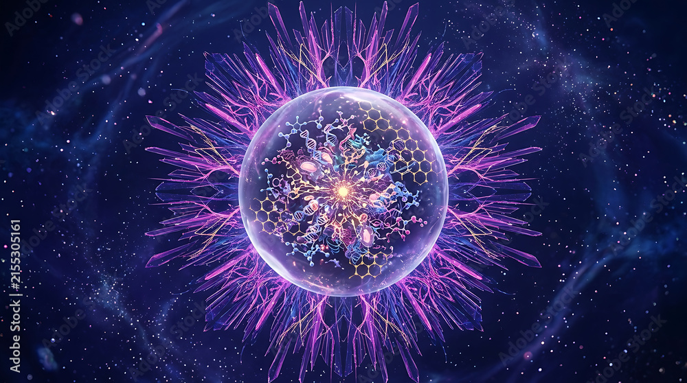 Obraz premium Symmetrical cellular structure with radiating crystalline formations against a cosmic backdrop molecule