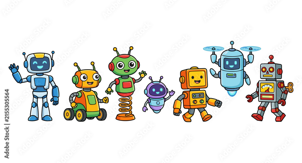 Obraz premium Cute Cartoon Robot and Drone Character Group Vector Illustration with Friendly Futuristic Cyborgs, Vintage Windup Bots, and Flying Quadcopters for Kids Web Designs