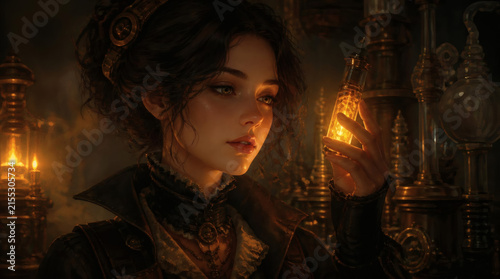 Steampunk Scientist Examines Glowing Vial in Victorian Laboratory