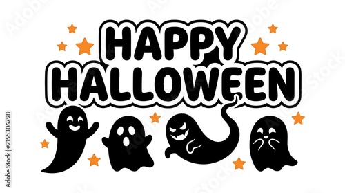 A festive happy halloween text design featuring cute black ghosts and orange stars on a white background perfect for holiday greeting card projects