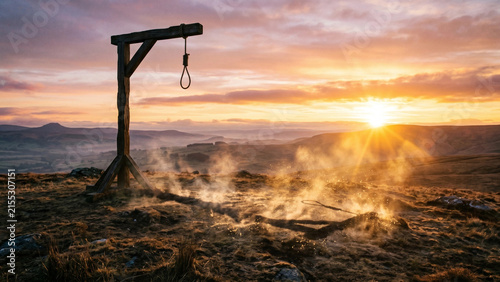 World Day against the Death Penalty. Surreal: shadow of gallows dissolving under warm sunrise light