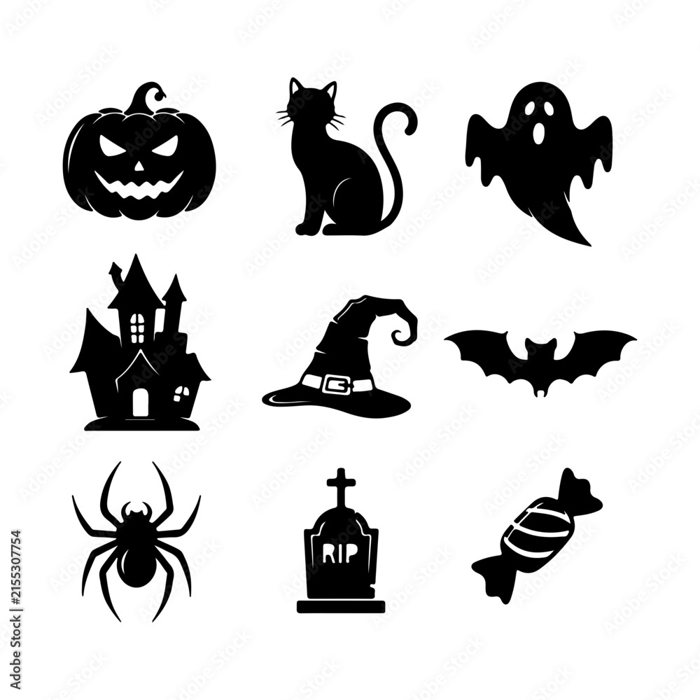 Fototapeta premium Spooky Halloween Icons A collection of eerie silhouettes captures the essence of Halloween, with icons of a pumpkin, black cat, ghost, haunted house, witch's hat, bat, spider, tombstone, and candy.