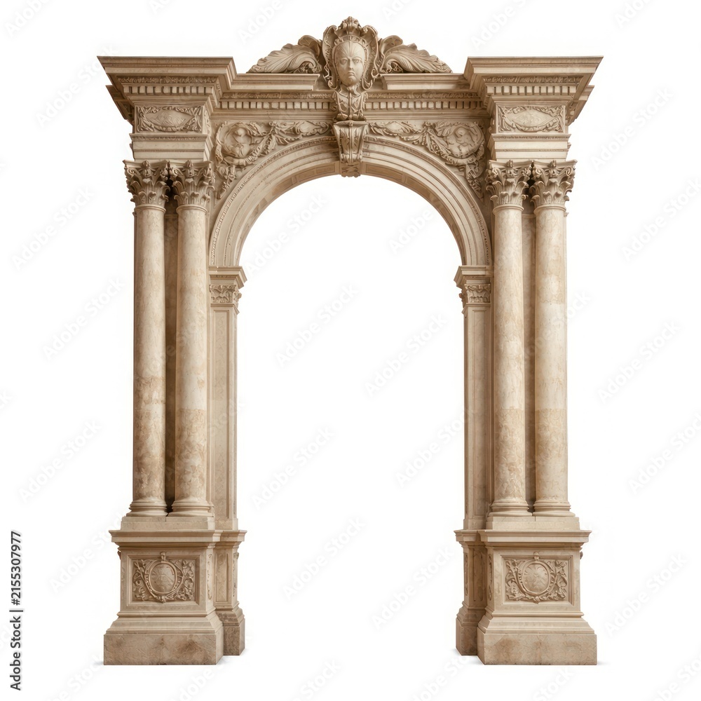 Fototapeta premium Ornate stone archway with classical columns and decorative carvings.