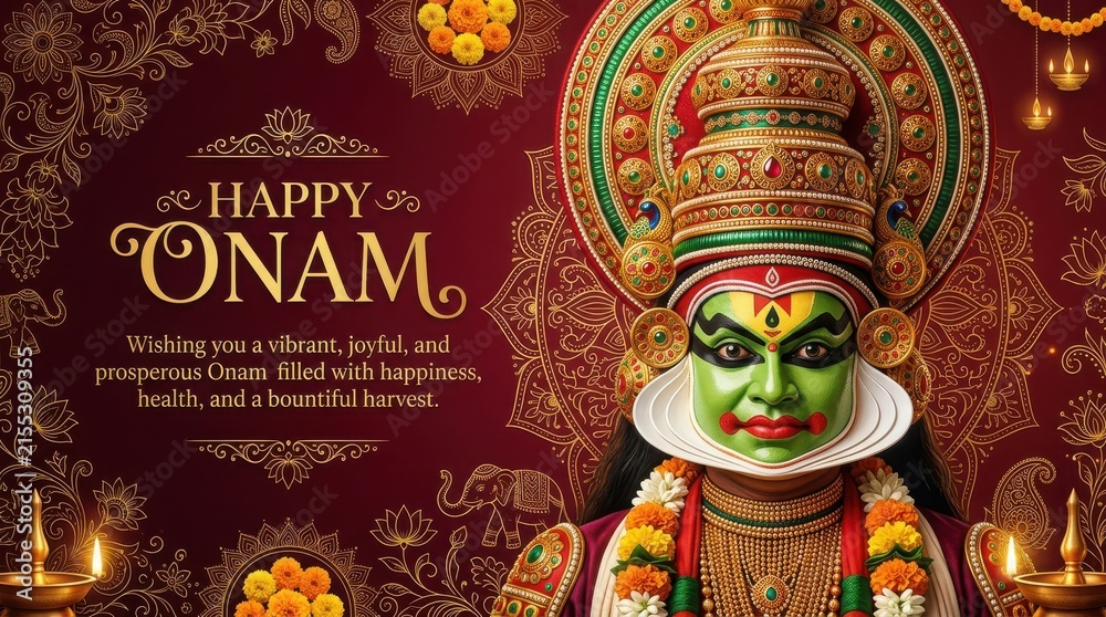 Fototapeta premium Kathakali mask illustration for happy onam with gold mandala patterns and floral elements on deep red luxury background.