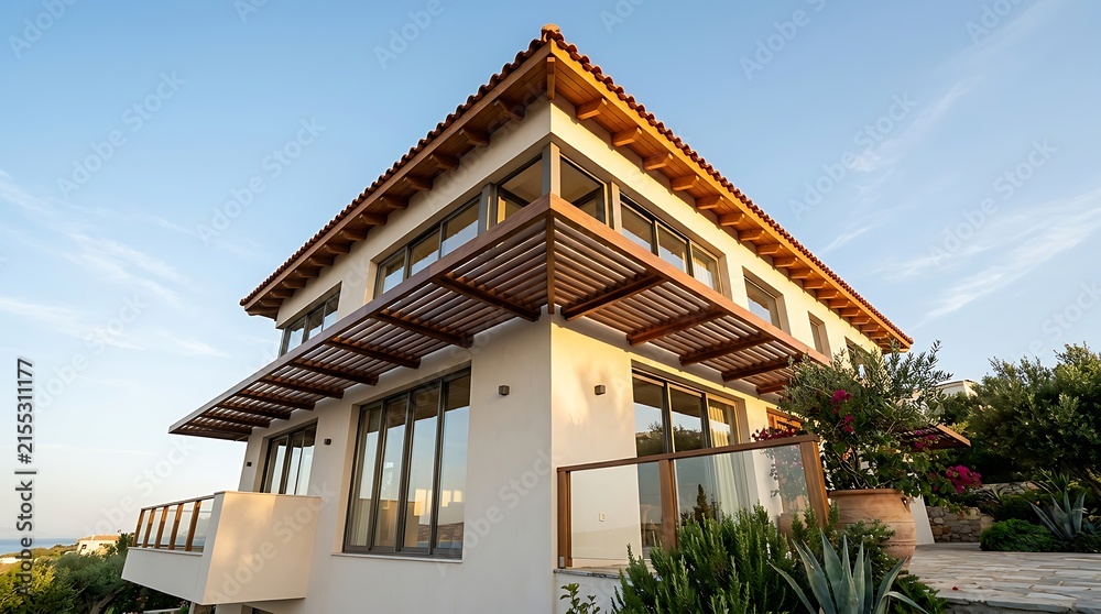 Fototapeta premium Modern luxury villa exterior with wooden pergola and balcony under clear blue sky