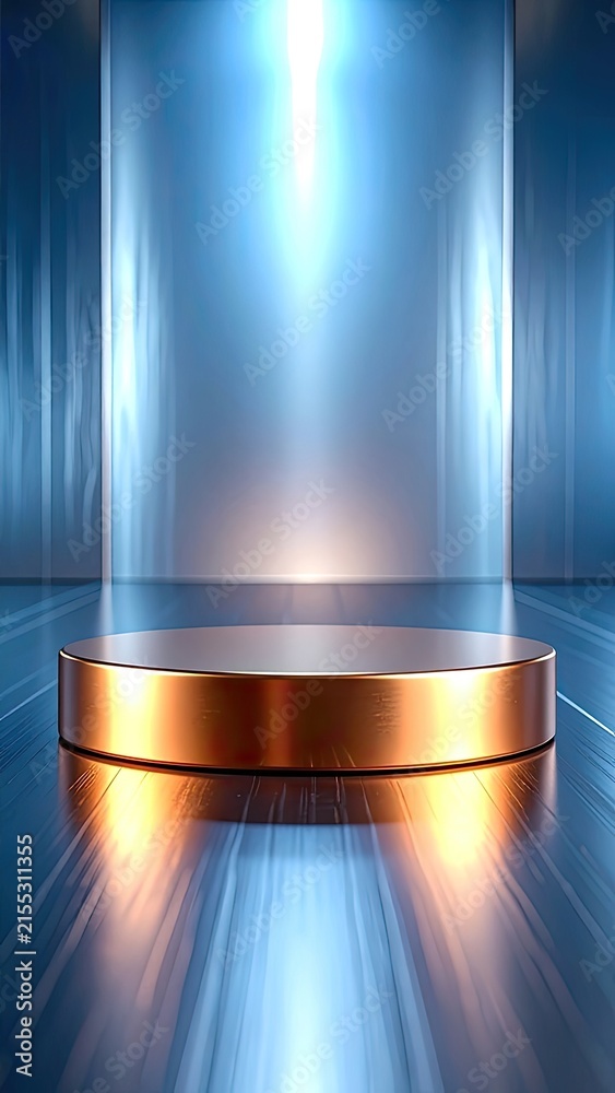 Obraz premium A futuristic golden podium bathed in blue light.