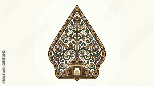 Luxury Javanese palace inspired ornamental border design with intricate botanical motifs and traditional Indonesian wayang gunungan silhouette
