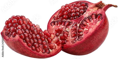 Fotografie Fresh halved pomegranate fruit showing juicy red seeds.