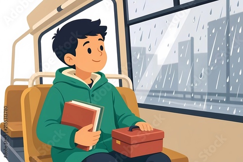 Boy holding book sitting on bus looking at rainy city window