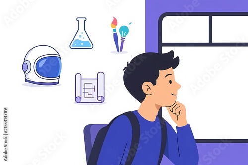 Young student dreaming about future careers while commuting on train