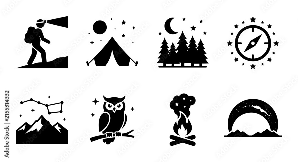 Fototapeta premium Camping and Hiking Icons Set, Outdoor Adventure Vector Graphics, Nature Exploration Symbols, Night Sky Elements