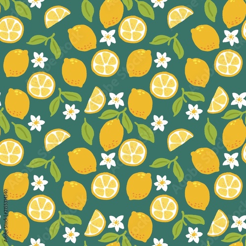 Hand Drawn Lemon Seamless Pattern with Citrus Fruits, Leaves and Flowers