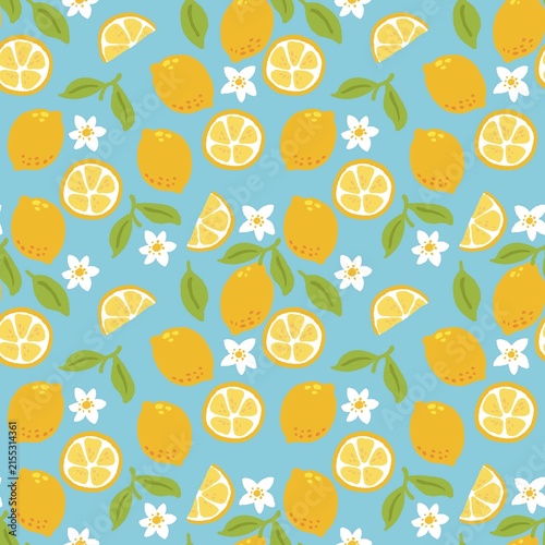 Hand Drawn Lemon Seamless Pattern with Citrus Fruits, Leaves and Flowers