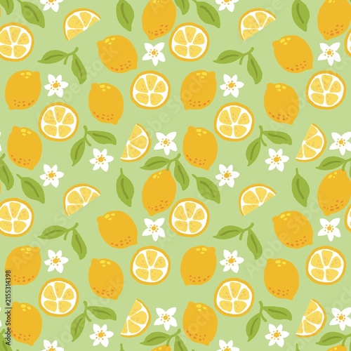Hand Drawn Lemon Seamless Pattern with Citrus Fruits, Leaves and Flowers