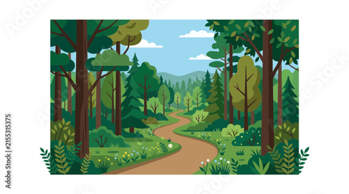 Winding forest path through lush green trees