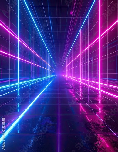A digital grid tunnel with neon blue and pink lights stretching into the distance.