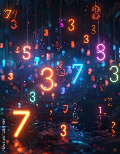 Glowing numbers suspended in a dark, bokeh-filled environment.