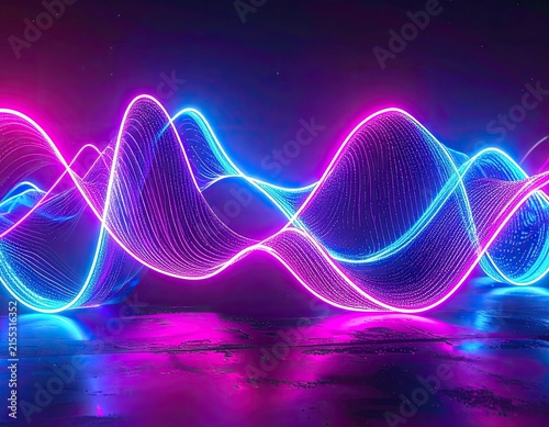 Vibrant neon waves of blue and pink light pulse across a dark reflective surface.