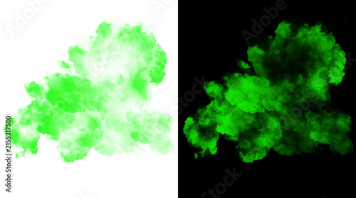 Green smoke explosion on white and black background, vibrant toxic gas cloud, neon green vapor mist for creative design overlays