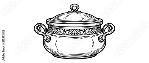 Photography Vintage serving pot with decorative band, isolated