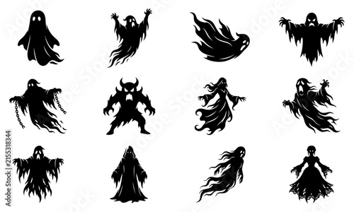 Foto Black ghostly figures flying in dark silhouette style
