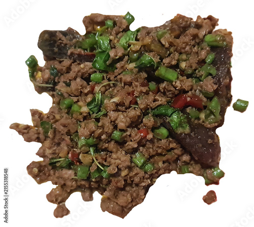 isolated stir fried basil leaves with mince pork and Century Egg, black preserved egg, isolated on white background. top view