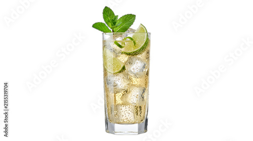 Refreshing Gin and Tonic: A tall, chilled glass filled with a crisp gin and tonic, adorned with fresh lime slices and a sprig of mint, offers a cool and invigorating sensation.