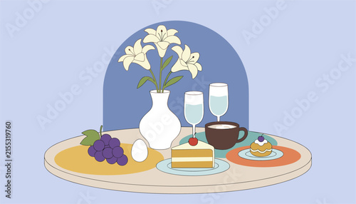 Elegant table setting with white lilies in a vase, chocolate cake, coffee, wine, and grapes on a round table.