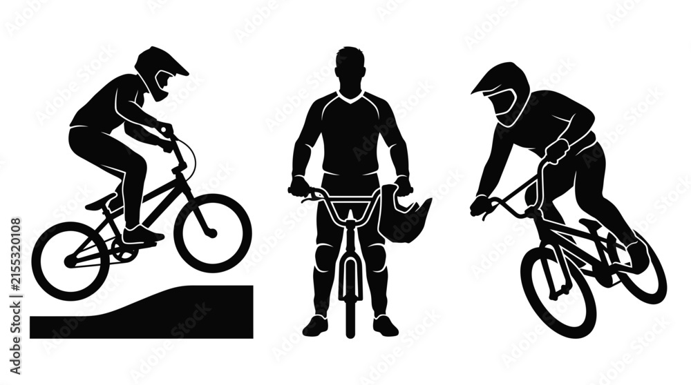 Fototapeta premium Mountain bike and BMX rider silhouettes performing jumps.