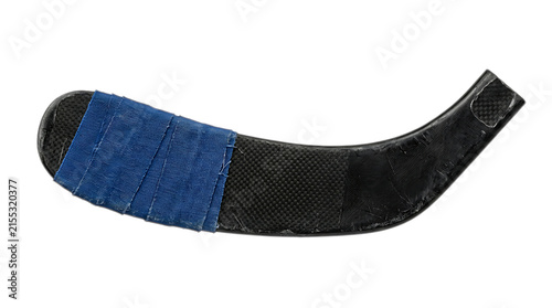 Cuadro en lienzo Hockey Stick Blade: A close-up shot of a black hockey stick blade, partially wrapped with blue athletic tape, showcasing the wear and tear of intense gameplay
