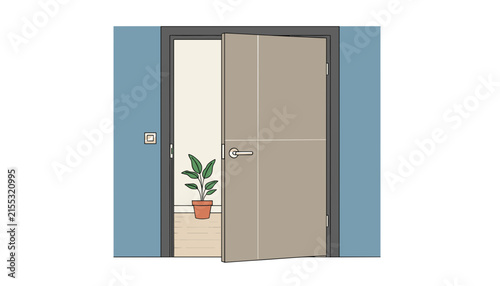 Modern brown wooden door opened slightly showing interior hallway with potted green houseplant in background.
