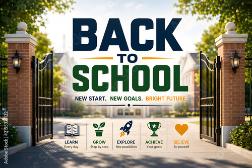 Back to School Poster Banner Concept with Open Campus Gate Pillars and School Building, Educational Learn Grow Explore Achieve Believe Bright Future Template