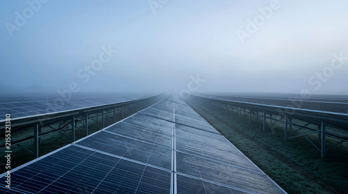 Solar Panel Farm Rows Receding into Morning Fog with Copy Space Sky