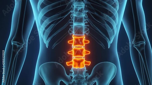 Lumbar spine vertebrae highlighted with inflammation and pain. 4K Video