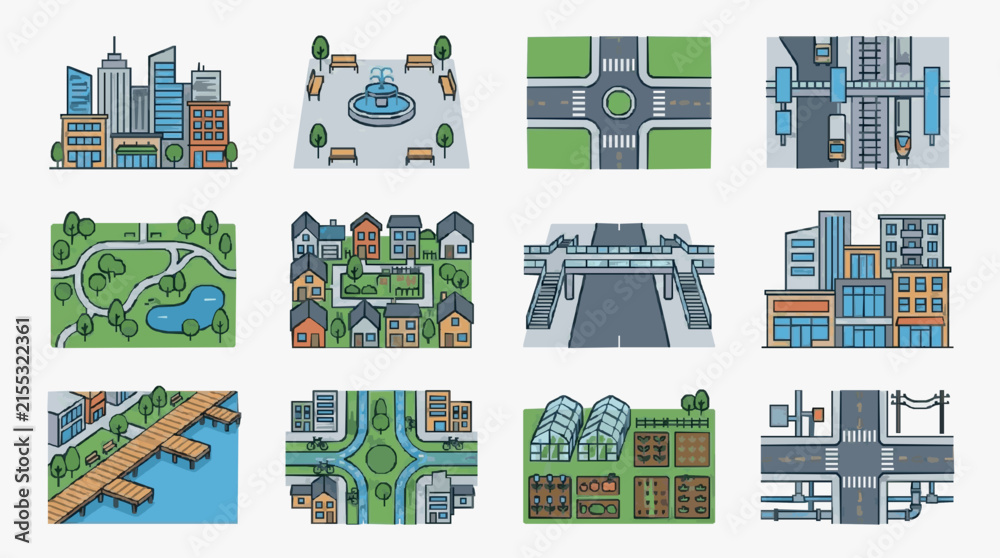 Fototapeta premium Modern Urban Planning Icons Showcasing Diverse City Infrastructure Parks Buildings and Transportation Systems